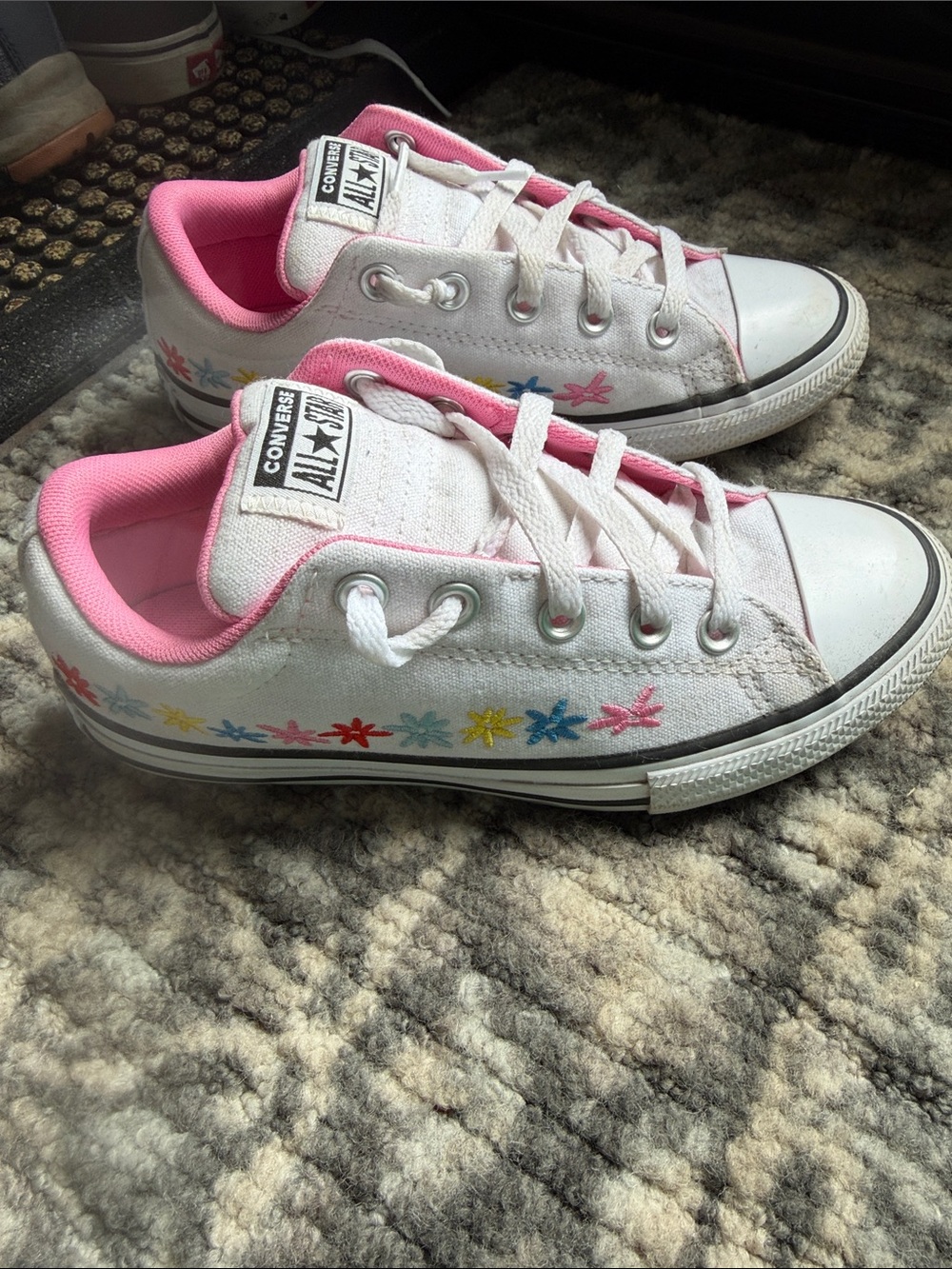 Converse White Low Top Sneakers with Pink Lining and Multicolor Flower Accents